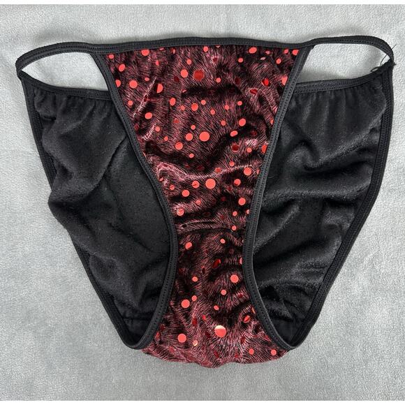 Vintage Van Mar String Bikini Panties Sz 6 Medium Red Black Velvet Foil Dot Y2K - Picture 7 of 9